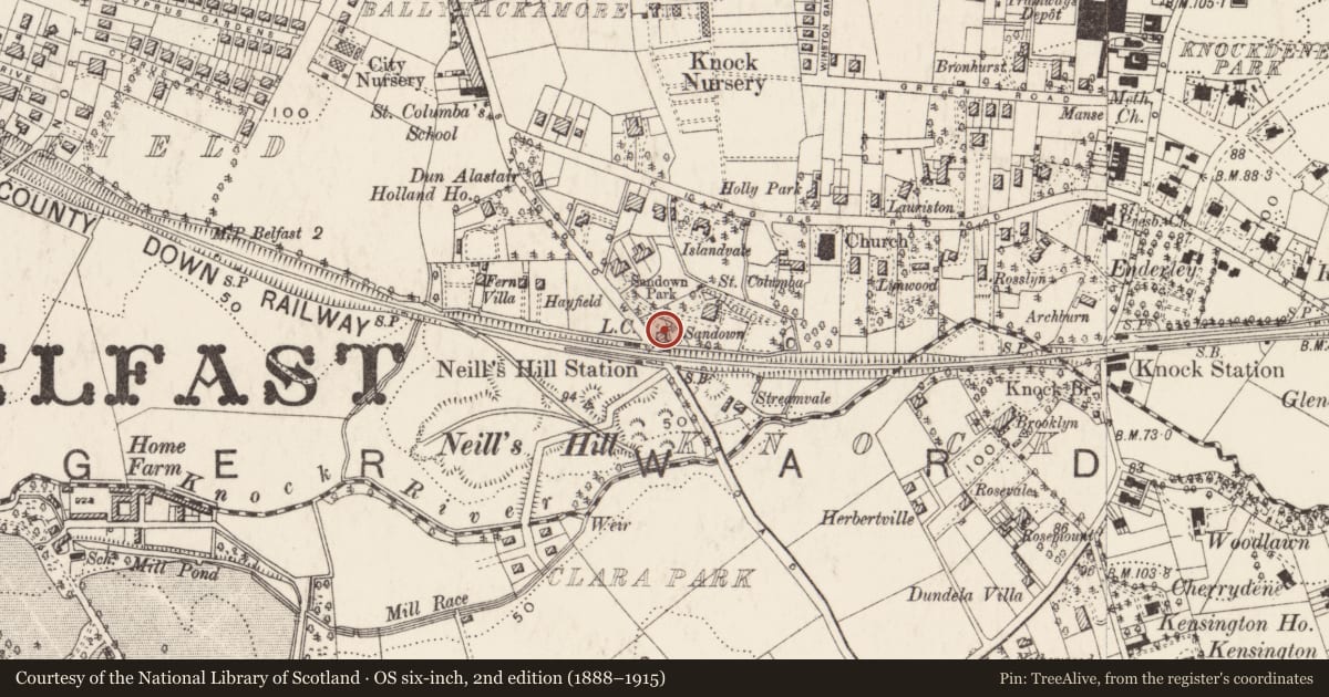 Ordnance Survey six-inch map, 2nd edition (1888–1915) covering the location of 86 Sandown Road, Ballycloghan, Belfast, with a pin at the register's coordinates
