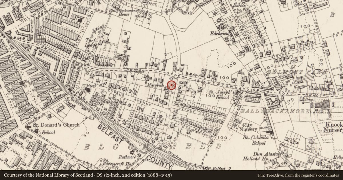 Ordnance Survey six-inch map, 2nd edition (1888–1915) covering the location of Pillar box, Ballyhackamore, Belfast, with a pin at the register's coordinates