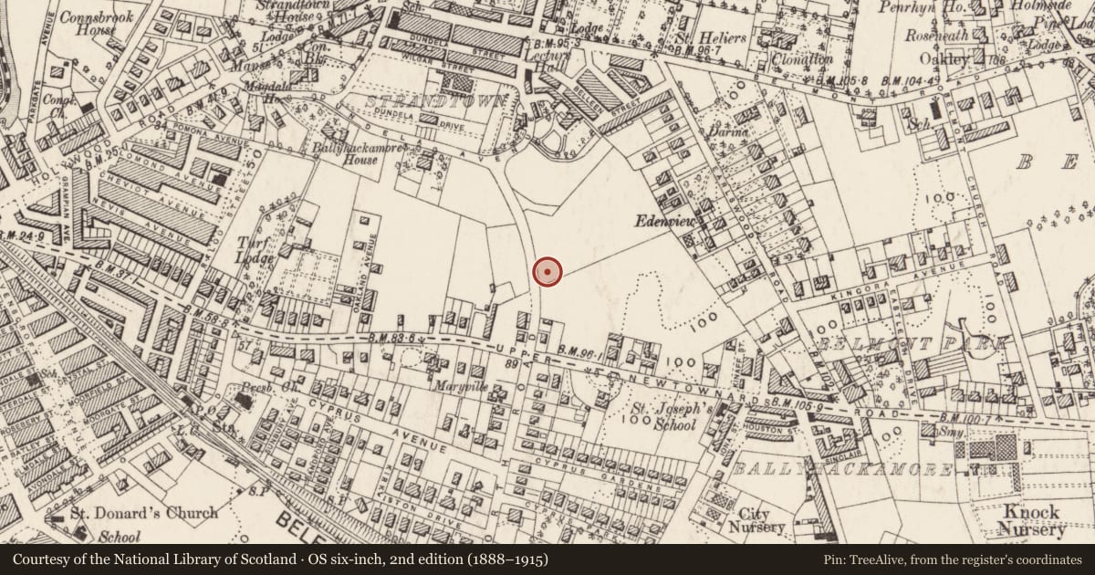 Ordnance Survey six-inch map, 2nd edition (1888–1915) covering the location of Pavilion, gates and railings, Strandtown, Belfast, with a pin at the register's coordinates