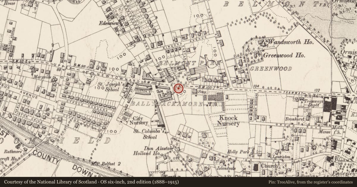 Ordnance Survey six-inch map, 2nd edition (1888–1915) covering the location of Kirkpatrick Memorial Presbyterian Church, Ballycloghan, Belfast, with a pin at the register's coordinates