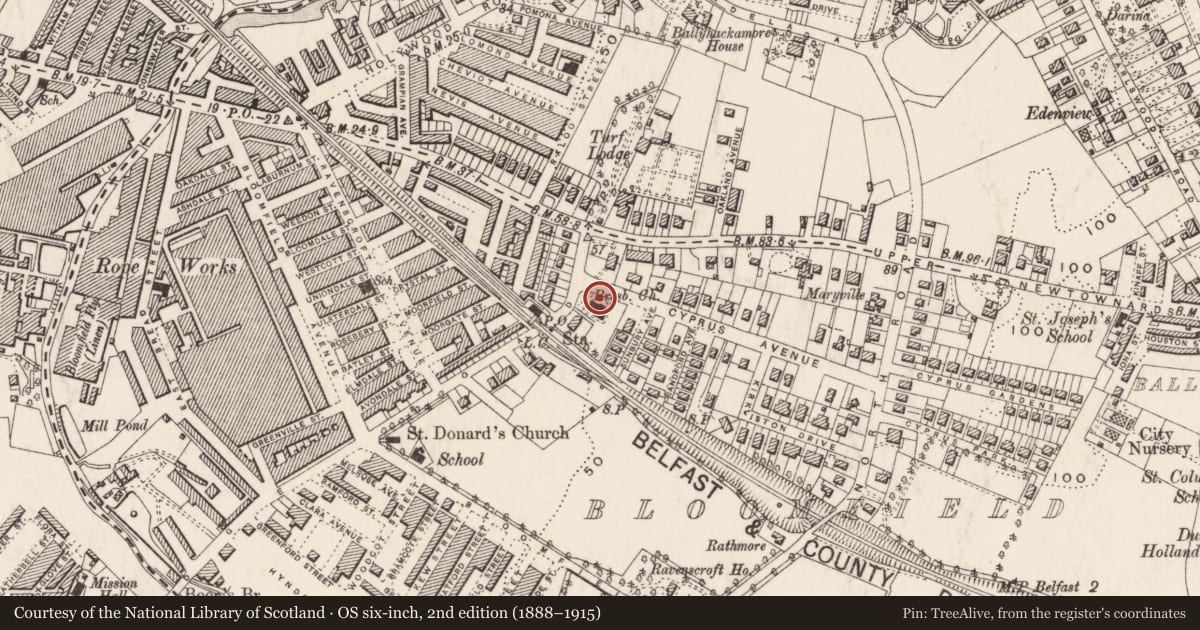 Ordnance Survey six-inch map, 2nd edition (1888–1915) covering the location of Bloomfield Presbyterian Church, Ballyhackamore, Belfast, with a pin at the register's coordinates