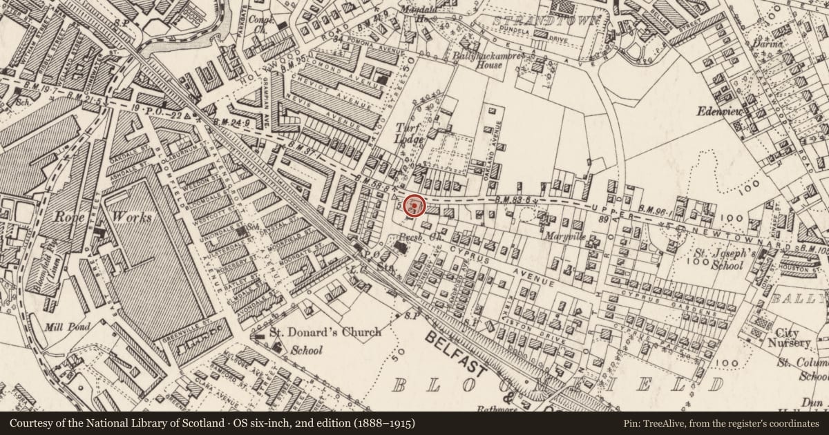 Ordnance Survey six-inch map, 2nd edition (1888–1915) covering the location of 99 Upper Newtownards Road, Ballyhackamore, Belfast, with a pin at the register's coordinates