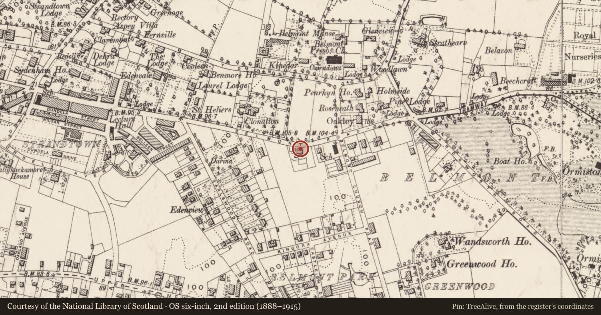 Ordnance Survey six-inch map, 2nd edition (1888–1915) covering the location of 209 Belmont Road, Strandtown, Belfast, with a pin at the register's coordinates