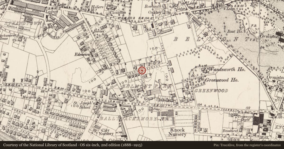 Ordnance Survey six-inch map, 2nd edition (1888–1915) covering the location of Street sign at junction of Eastleigh Drive and Kincora Avenue, Belfast, BT4 3DW, Strandtown, Belfast, with a pin at the register's coordinates