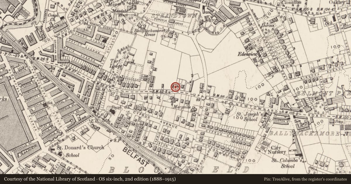 Ordnance Survey six-inch map, 2nd edition (1888–1915) covering the location of Street sign at junction of Clonlee Drive and Upper Newtownards Road, Belfast, BT4 3ET, Ballyhackamore, Belfast, with a pin at the register's coordinates