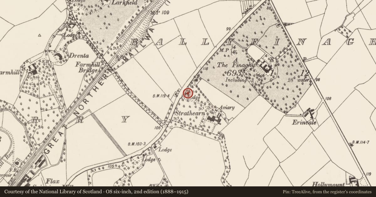 Ordnance Survey six-inch map, 2nd edition (1888–1915) covering the location of Gate Lodge & Gatescreen at Hunterhouse College, Ballyfinaghy, Belfast, with a pin at the register's coordinates
