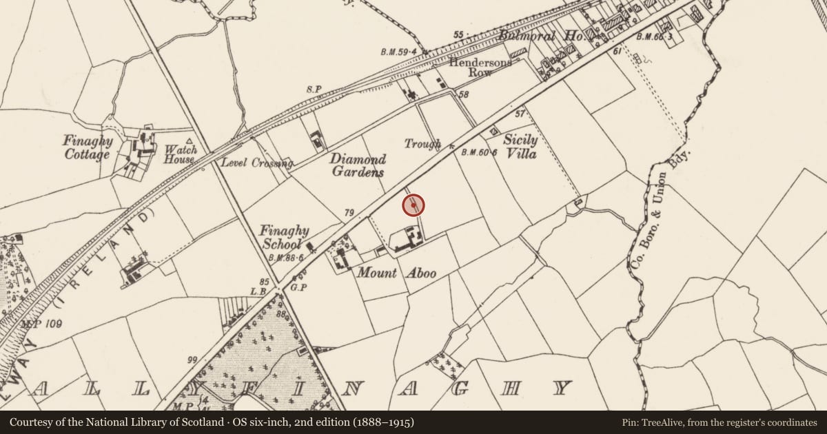 Ordnance Survey six-inch map, 2nd edition (1888–1915) covering the location of St Polycarps Church Of Ireland, Ballyfinaghy, Belfast, with a pin at the register's coordinates
