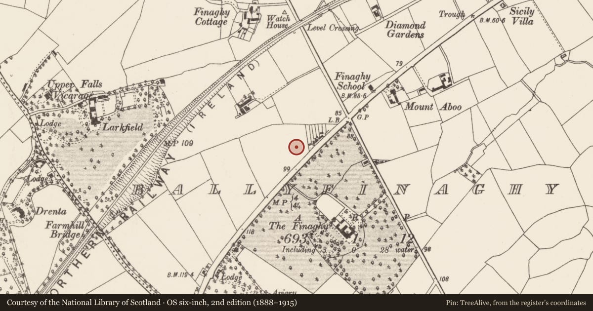 Ordnance Survey six-inch map, 2nd edition (1888–1915) covering the location of Finaghy Presbyterian Church, Ballyfinaghy, Belfast, with a pin at the register's coordinates