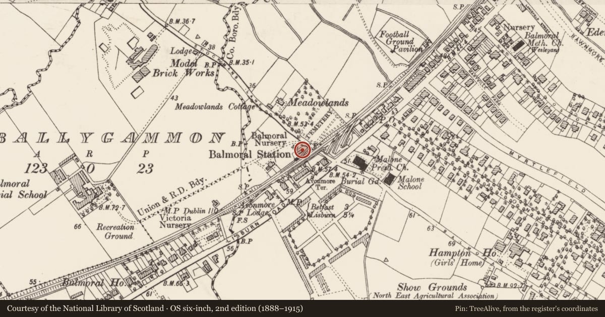 Ordnance Survey six-inch map, 2nd edition (1888–1915) covering the location of Former Station Master’s House, Malone Upper, Belfast, with a pin at the register's coordinates
