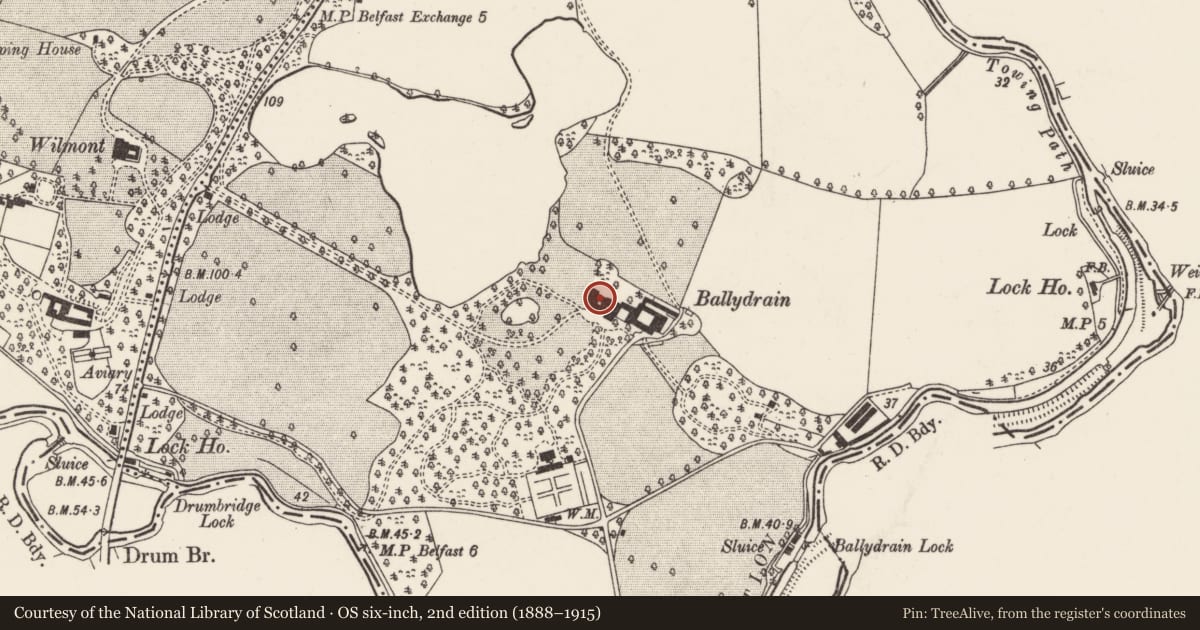 Ordnance Survey six-inch map, 2nd edition (1888–1915) covering the location of Malone Golf Club former Stables and Outbuildings, Malone Upper, Belfast, with a pin at the register's coordinates