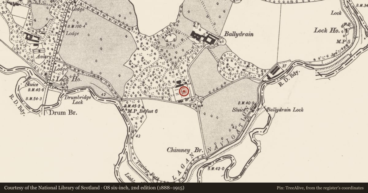 Ordnance Survey six-inch map, 2nd edition (1888–1915) covering the location of Gardeners Cottage and Walled Garden, Malone Golf Club, 240 Upper Malone Road, Belfast, Co Antrim BT17 9LB, Belfast, with a pin at the register's coordinates