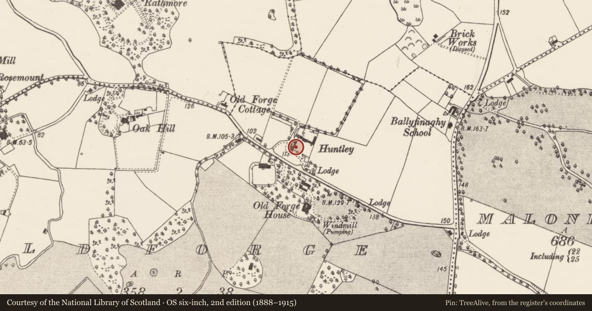Ordnance Survey six-inch map, 2nd edition (1888–1915) covering the location of HUNTLEY, Belfast, with a pin at the register's coordinates