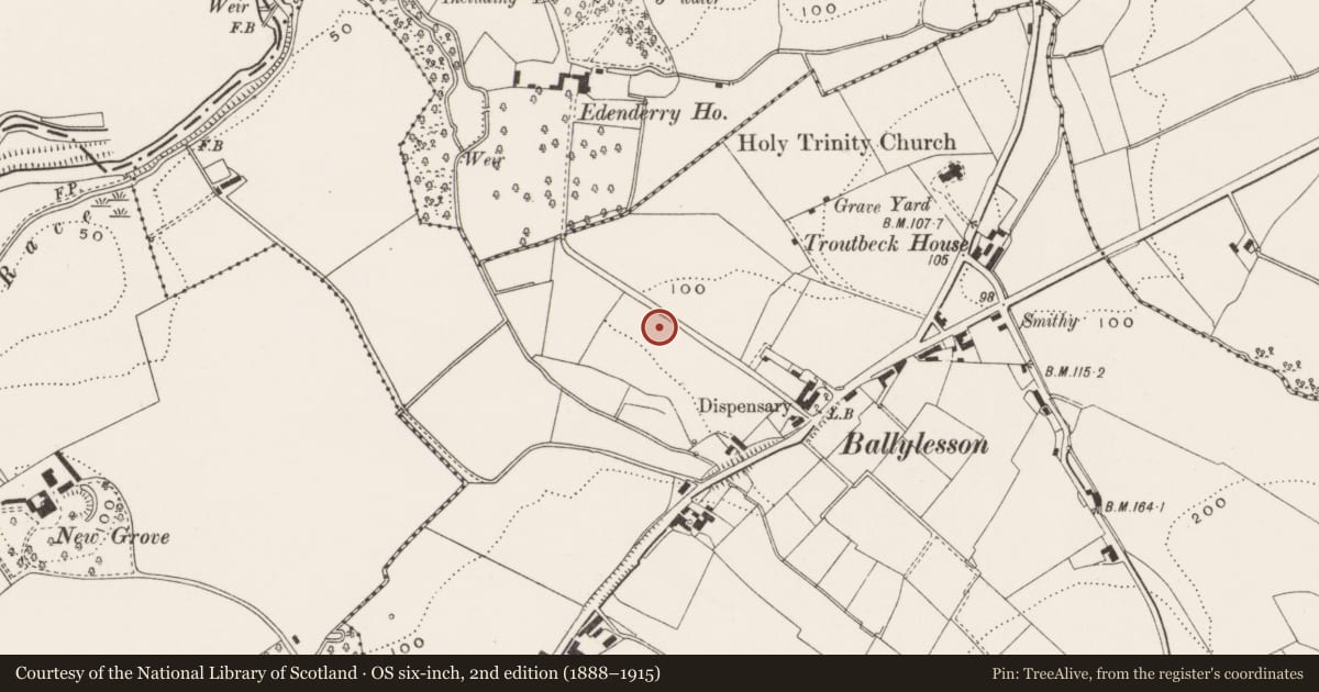 Ordnance Survey six-inch map, 2nd edition (1888–1915) covering the location of Ballydrain Lock, with a pin at the register's coordinates