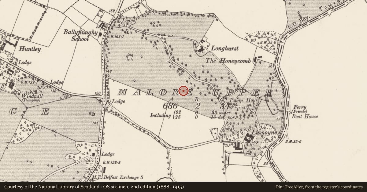Ordnance Survey six-inch map, 2nd edition (1888–1915) covering the location of Ardleevan, Malone Upper, with a pin at the register's coordinates