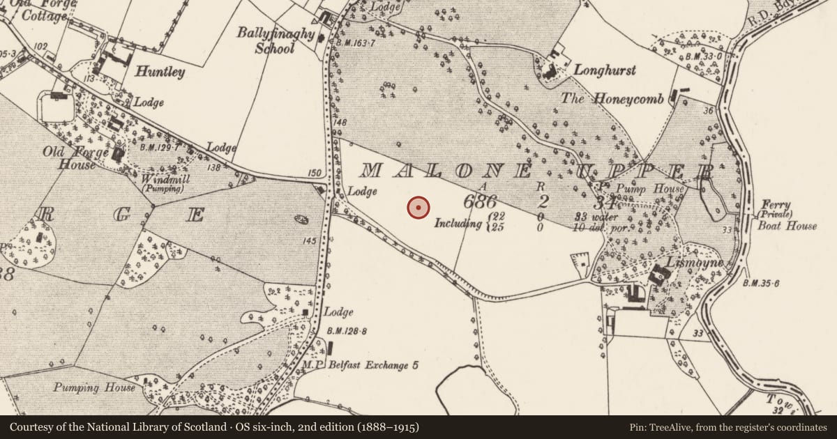 Ordnance Survey six-inch map, 2nd edition (1888–1915) covering the location of Robin Hill, Malone Upper, with a pin at the register's coordinates