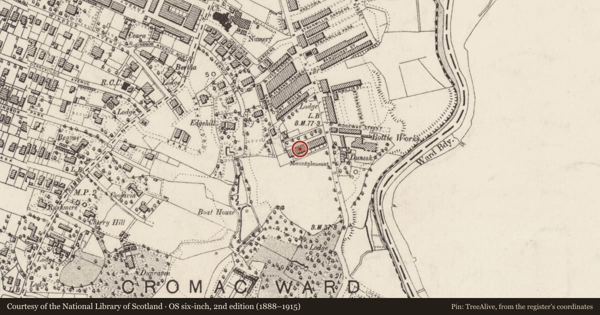 Ordnance Survey six-inch map, 2nd edition (1888–1915) covering the location of 7 Mount Pleasant, Belfast, with a pin at the register's coordinates