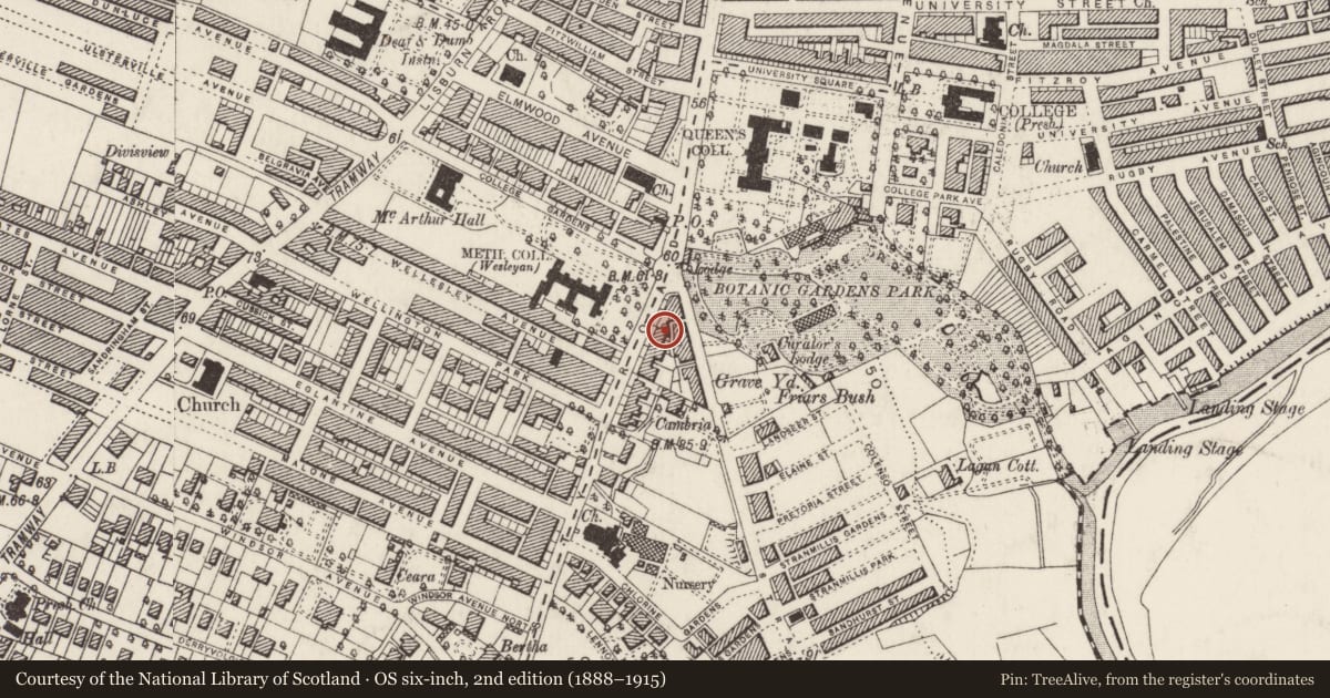 Ordnance Survey six-inch map, 2nd edition (1888–1915) covering the location of 6 Malone Road, Belfast, with a pin at the register's coordinates