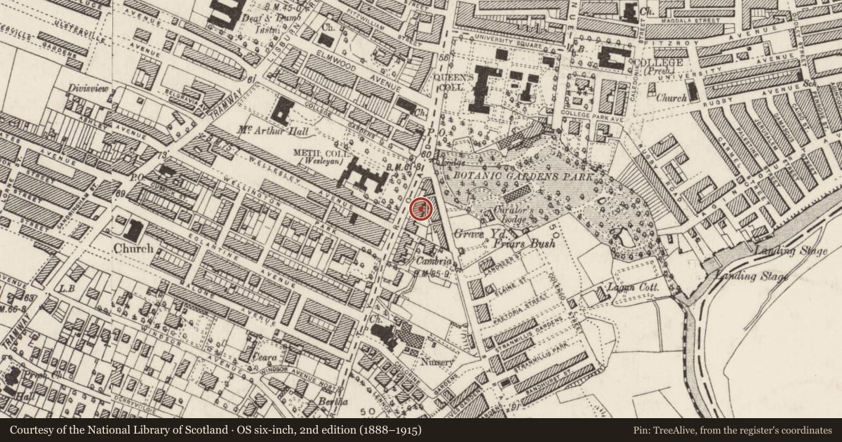 Ordnance Survey six-inch map, 2nd edition (1888–1915) covering the location of 8 Malone Road, Belfast, with a pin at the register's coordinates