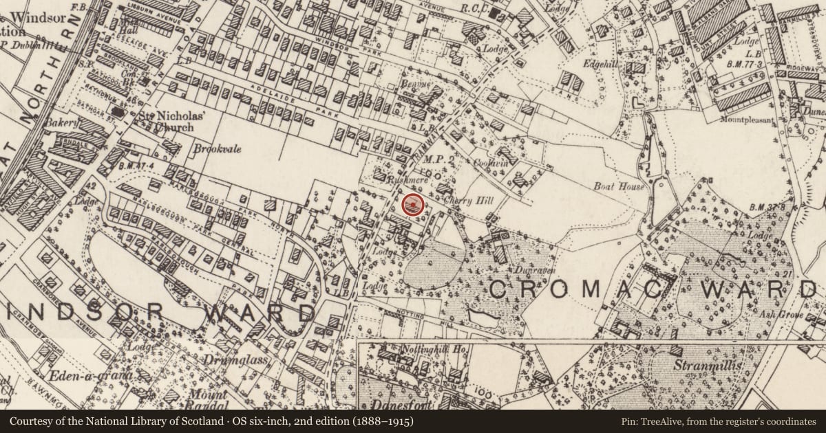Ordnance Survey six-inch map, 2nd edition (1888–1915) covering the location of 92 Malone Road, Lower Malone, Belfast, with a pin at the register's coordinates