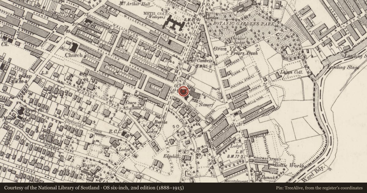 Ordnance Survey six-inch map, 2nd edition (1888–1915) covering the location of Fisherwick Presbyterian Church, Belfast, with a pin at the register's coordinates