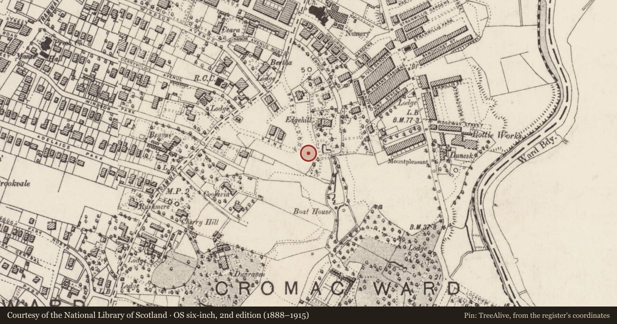Ordnance Survey six-inch map, 2nd edition (1888–1915) covering the location of 26 Sans Souci Park, Lower Malone, Belfast, with a pin at the register's coordinates