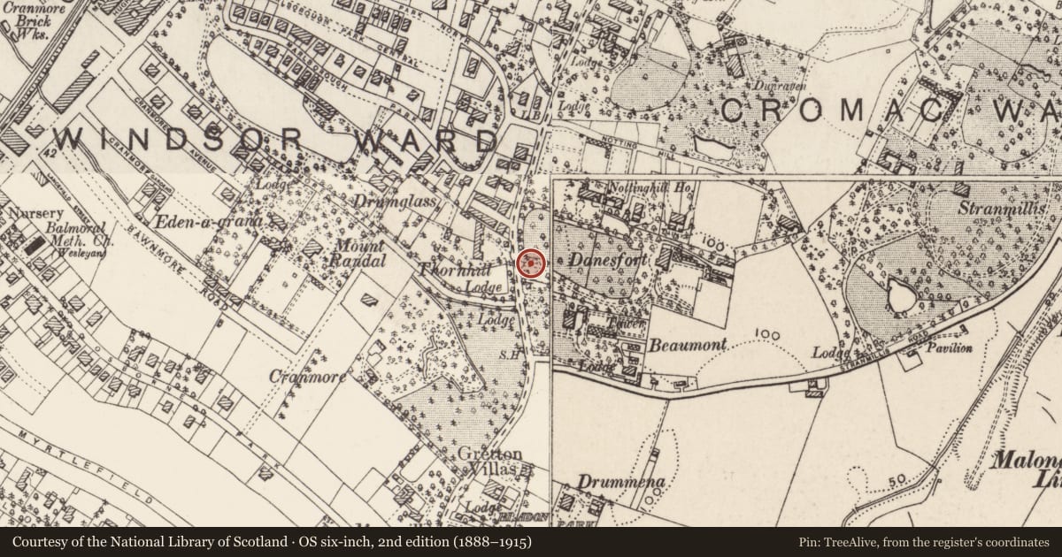 Ordnance Survey six-inch map, 2nd edition (1888–1915) covering the location of 120A Malone Road, Belfast, with a pin at the register's coordinates