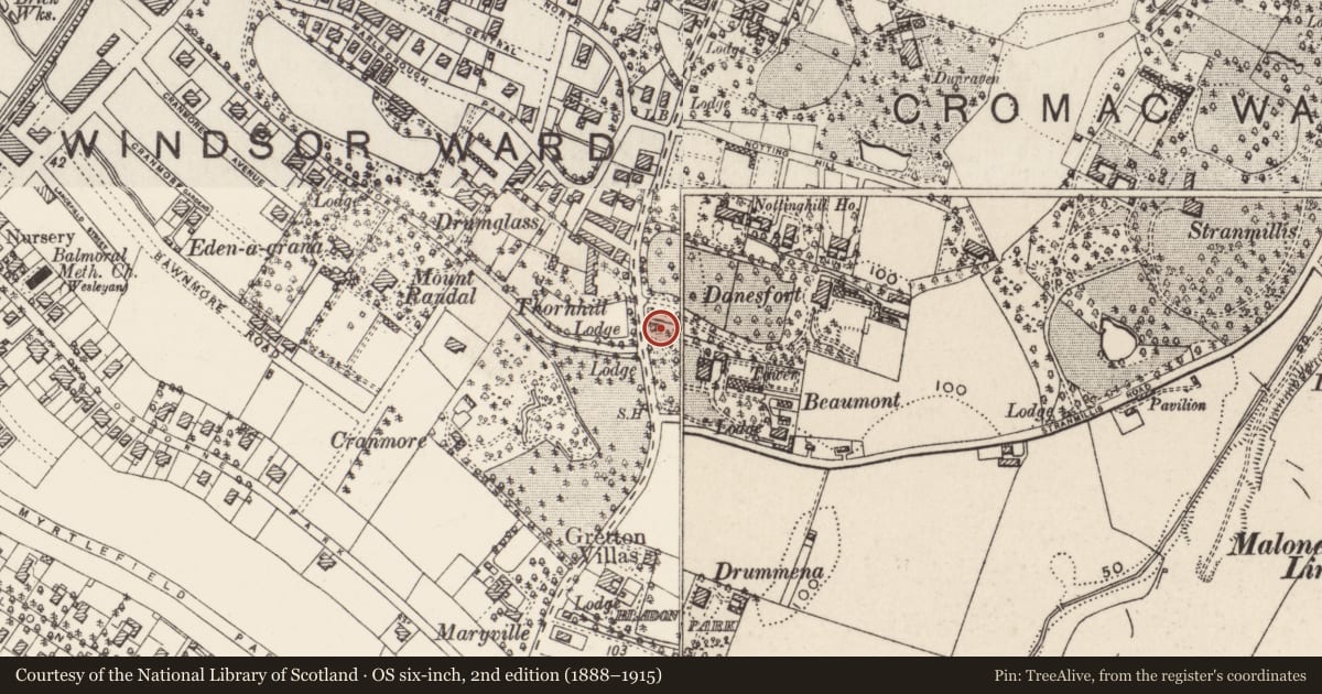 Ordnance Survey six-inch map, 2nd edition (1888–1915) covering the location of Gate Lodge, Belfast, with a pin at the register's coordinates