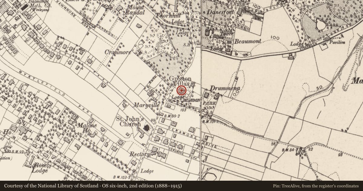 Ordnance Survey six-inch map, 2nd edition (1888–1915) covering the location of 8 Bladon Park, Malone Lower, Belfast, with a pin at the register's coordinates