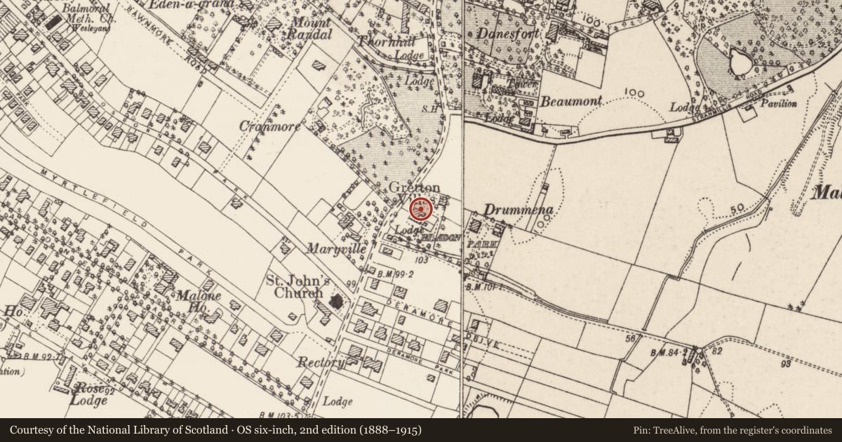 Ordnance Survey six-inch map, 2nd edition (1888–1915) covering the location of 14 - 16 Bladon Park, Malone Lower, Belfast, with a pin at the register's coordinates