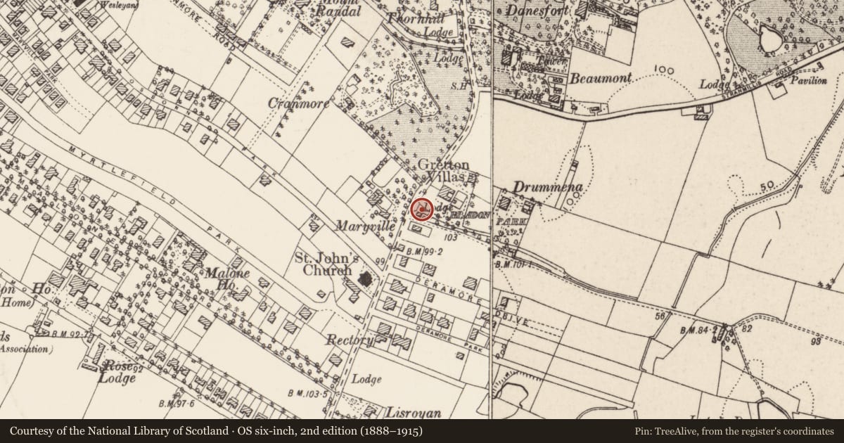 Ordnance Survey six-inch map, 2nd edition (1888–1915) covering the location of 1 Bladon Park, Belfast, with a pin at the register's coordinates