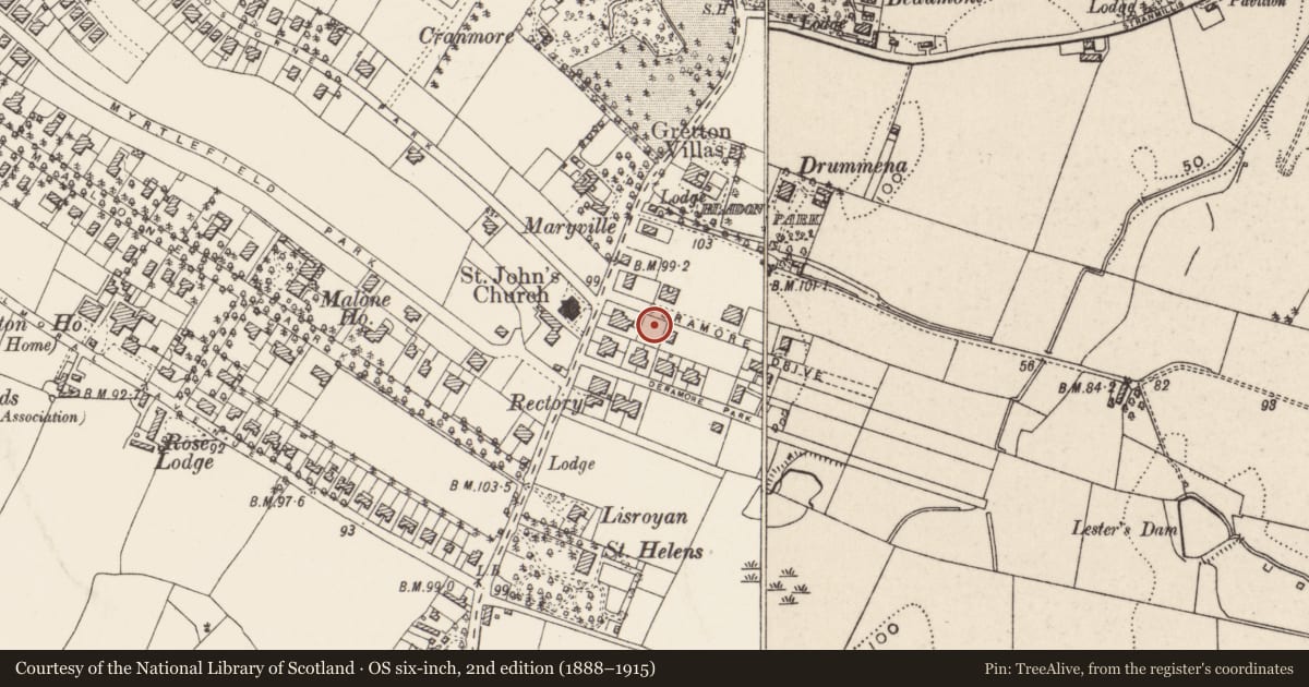 Ordnance Survey six-inch map, 2nd edition (1888–1915) covering the location of 1 Deramore Drive, Belfast, with a pin at the register's coordinates