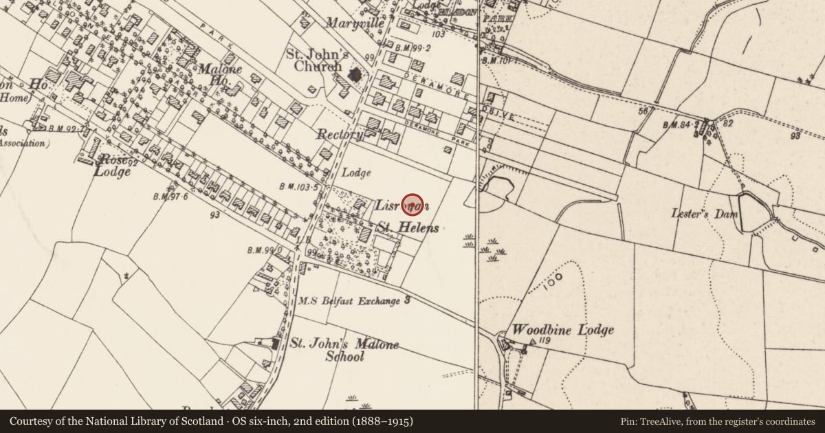 Ordnance Survey six-inch map, 2nd edition (1888–1915) covering the location of 5 Deramore Park South, Belfast, with a pin at the register's coordinates