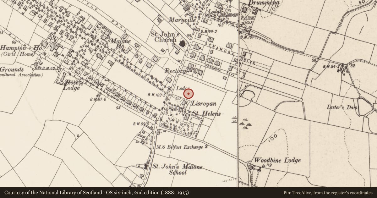 Ordnance Survey six-inch map, 2nd edition (1888–1915) covering the location of 152 Malone Road, Belfast, with a pin at the register's coordinates