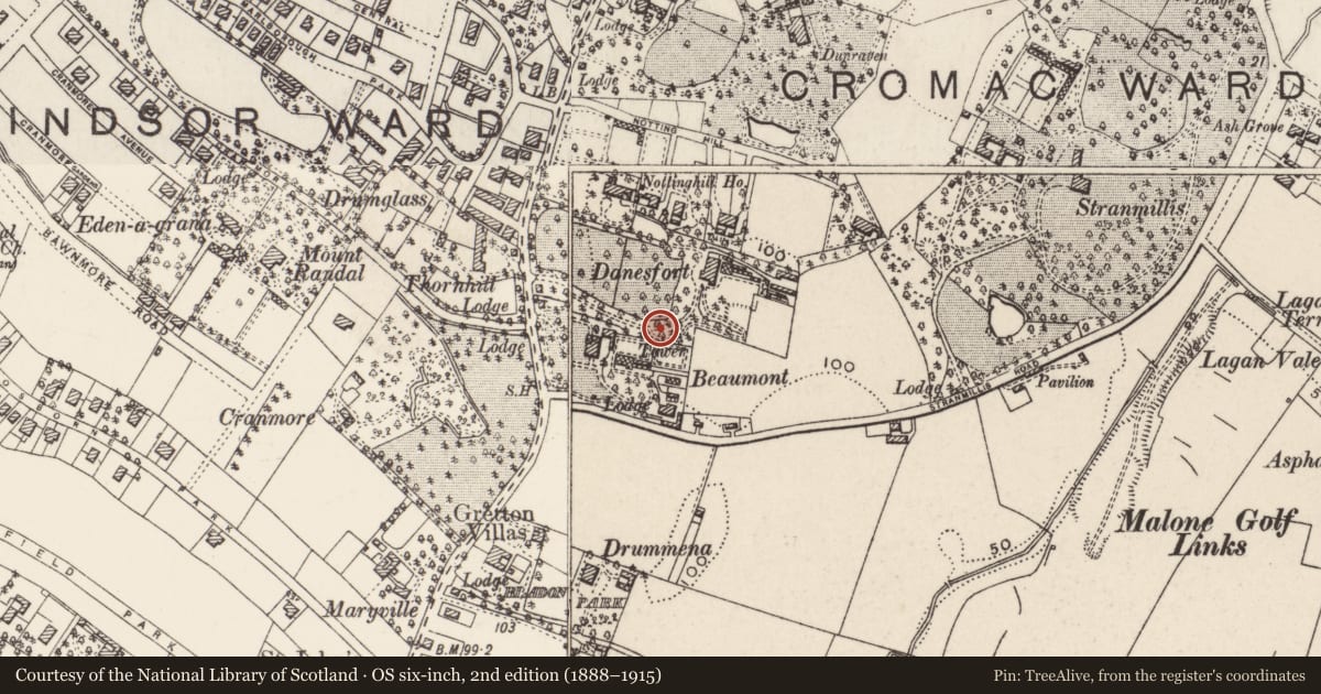 Ordnance Survey six-inch map, 2nd edition (1888–1915) covering the location of BELVEDERE, Belfast, with a pin at the register's coordinates
