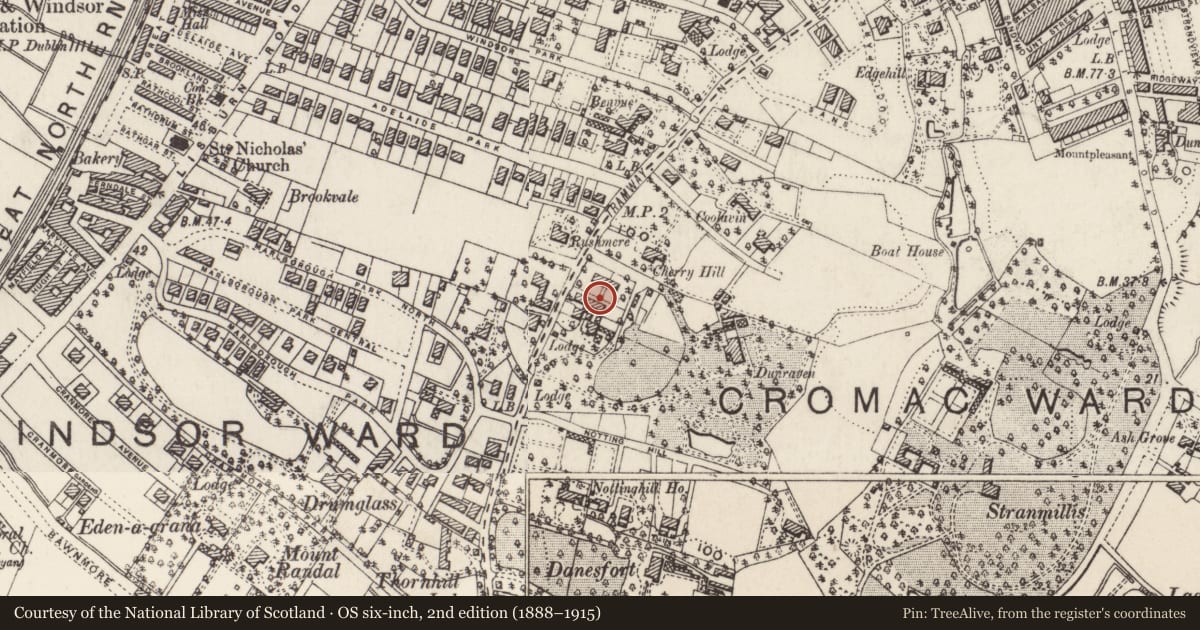 Ordnance Survey six-inch map, 2nd edition (1888–1915) covering the location of 98 Malone Road ('The Nook'), Lower Malone, Belfast, with a pin at the register's coordinates
