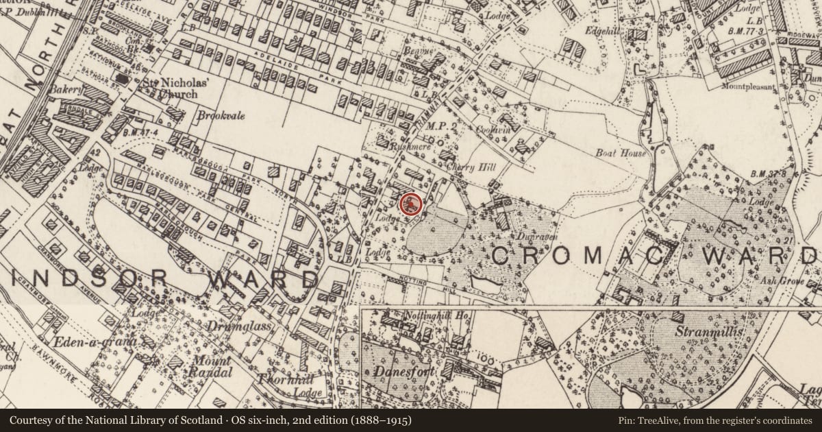 Ordnance Survey six-inch map, 2nd edition (1888–1915) covering the location of 102 Malone Road, with a pin at the register's coordinates