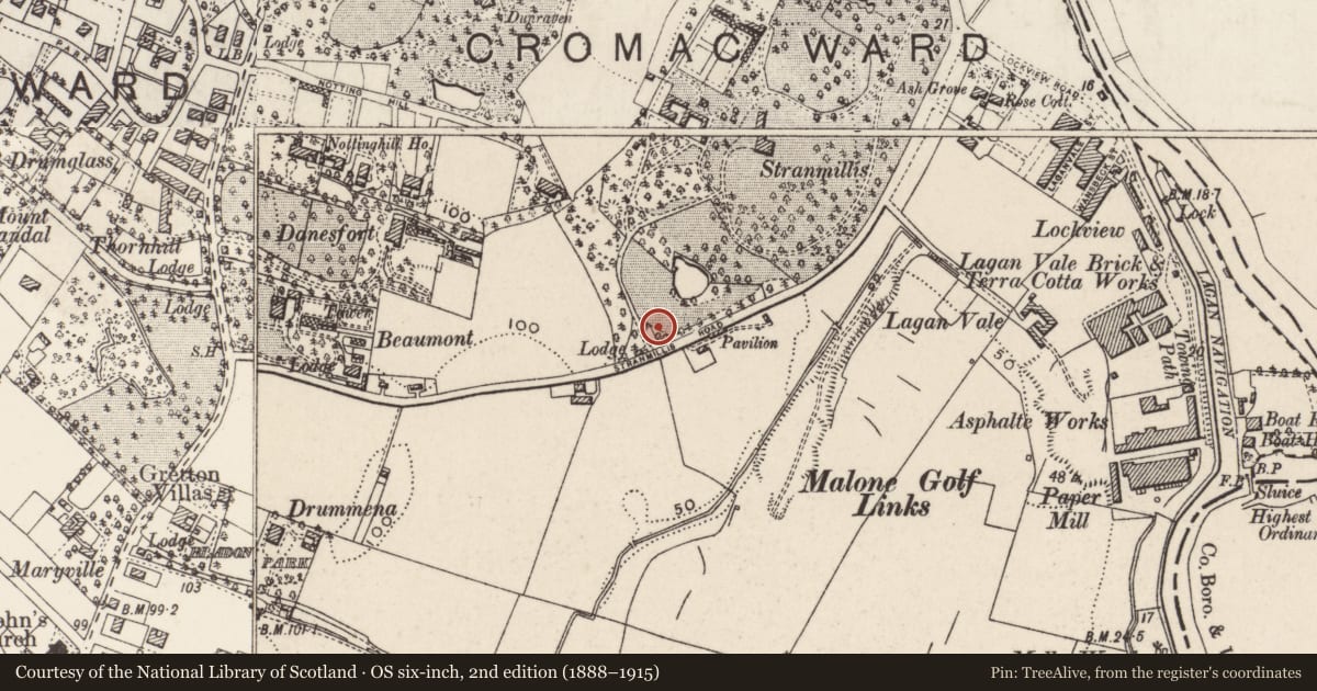 Ordnance Survey six-inch map, 2nd edition (1888–1915) covering the location of Back Gate Lodge At Stranmillis College, Belfast, with a pin at the register's coordinates