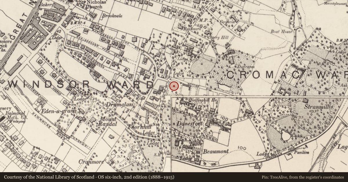 Ordnance Survey six-inch map, 2nd edition (1888–1915) covering the location of 110 Malone Road, Belfast, with a pin at the register's coordinates
