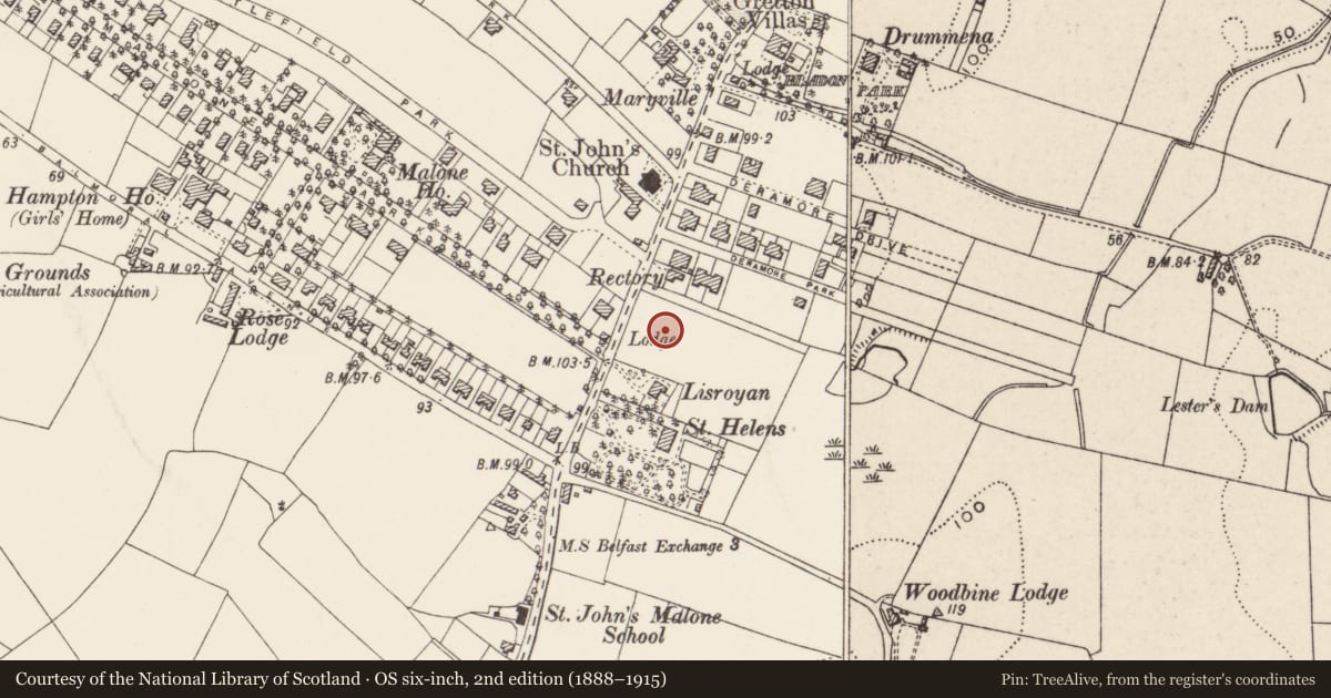 Ordnance Survey six-inch map, 2nd edition (1888–1915) covering the location of Jennymount, Malone Upper, Belfast, with a pin at the register's coordinates