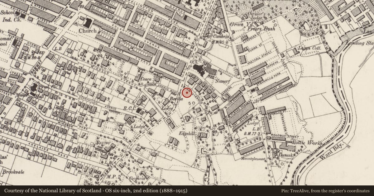 Ordnance Survey six-inch map, 2nd edition (1888–1915) covering the location of 1 Lennoxvale, Malone Lower, Belfast, with a pin at the register's coordinates