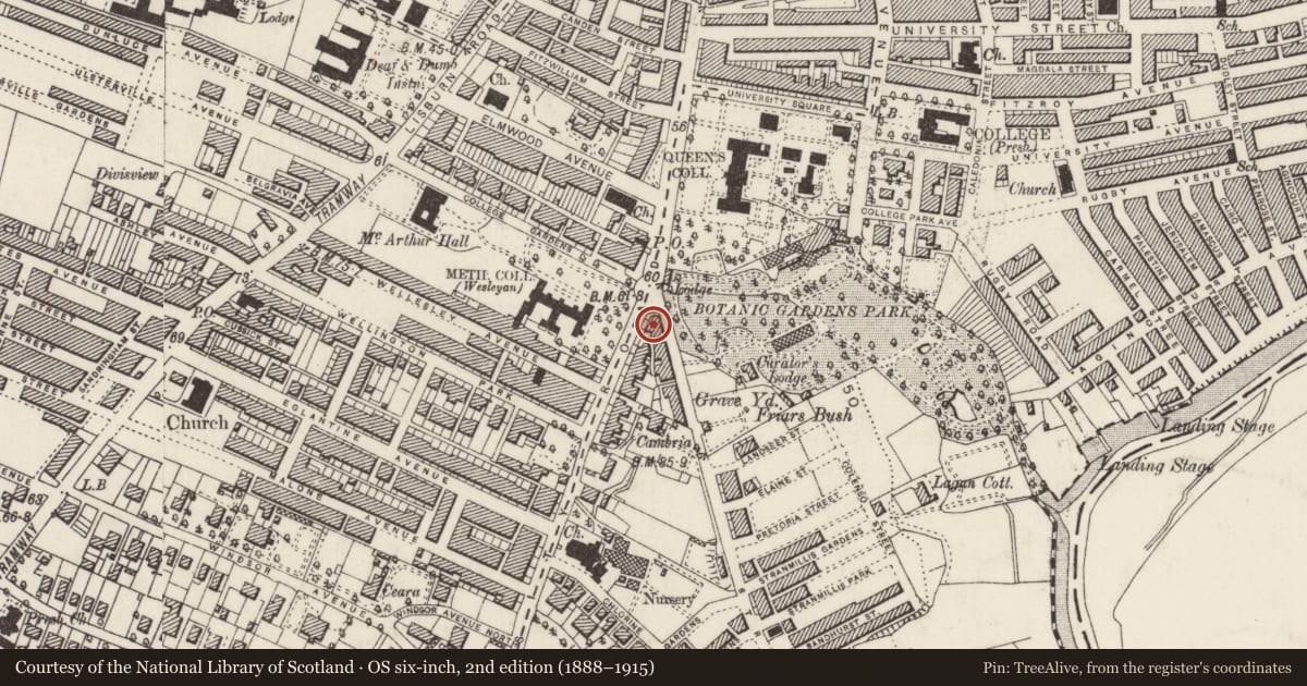 Ordnance Survey six-inch map, 2nd edition (1888–1915) covering the location of 4 Malone Road, Malone Lower, Belfast, with a pin at the register's coordinates