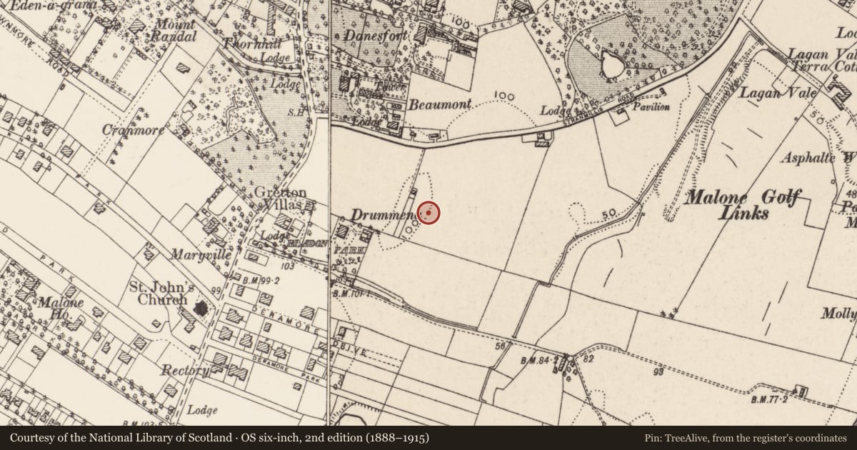 Ordnance Survey six-inch map, 2nd edition (1888–1915) covering the location of Street Sign, Broomhill Park, Belfast, Malone Lower, Belfast, with a pin at the register's coordinates
