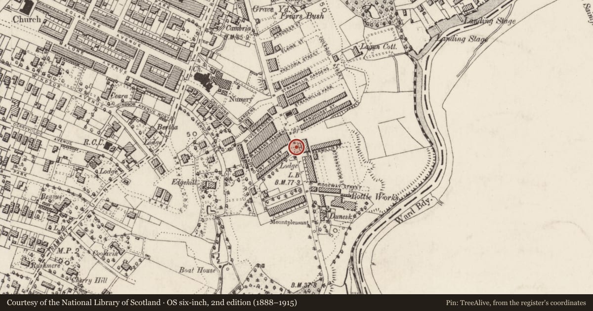 Ordnance Survey six-inch map, 2nd edition (1888–1915) covering the location of Kinahan Mansions, with a pin at the register's coordinates