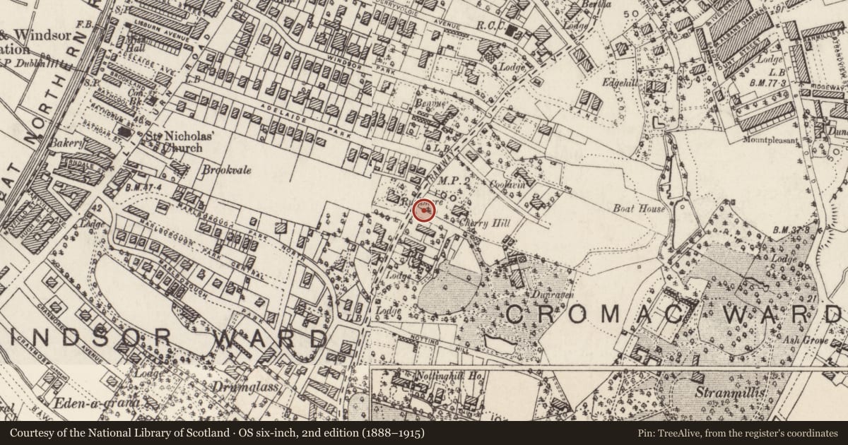 Ordnance Survey six-inch map, 2nd edition (1888–1915) covering the location of Cleaver Avenue Street Sign, with a pin at the register's coordinates