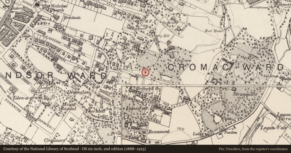 Ordnance Survey six-inch map, 2nd edition (1888–1915) covering the location of 8 Notting Hill, Malone Lower, Belfast, with a pin at the register's coordinates