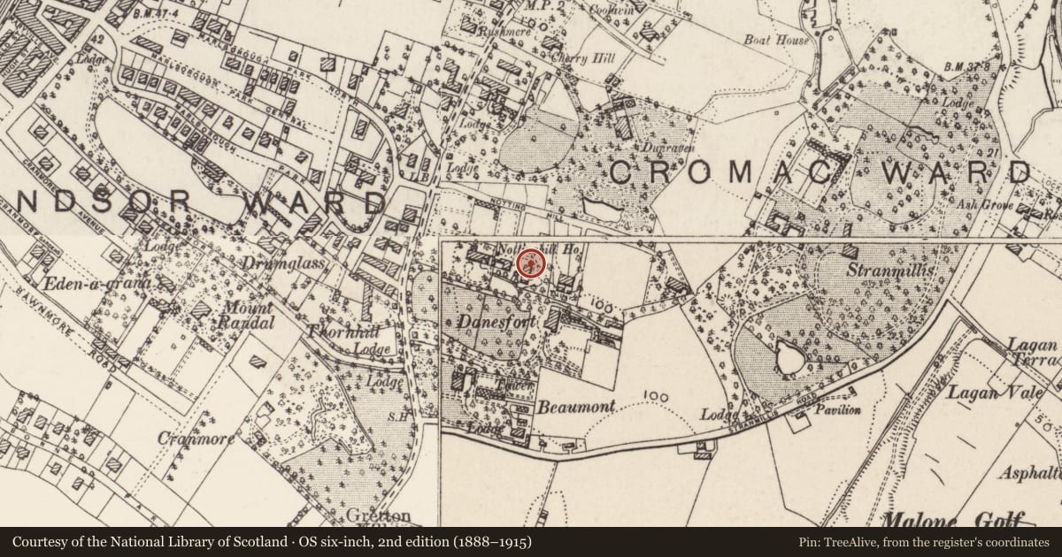 Ordnance Survey six-inch map, 2nd edition (1888–1915) covering the location of 17 Notting Hill, Malone Lower, with a pin at the register's coordinates