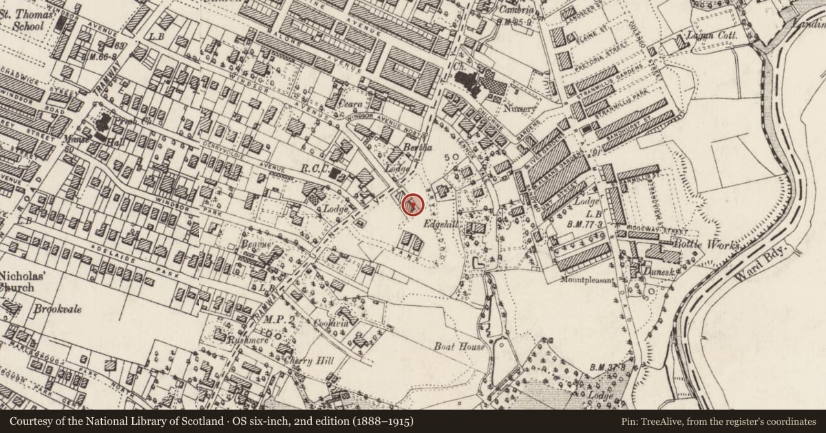 Ordnance Survey six-inch map, 2nd edition (1888–1915) covering the location of 1 Sans Souci Lane, Malone Lower, Belfast, with a pin at the register's coordinates