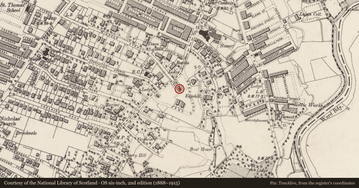 Ordnance Survey six-inch map, 2nd edition (1888–1915) covering the location of 3 Sans Souci Lane, Malone Lower, Belfast, with a pin at the register's coordinates