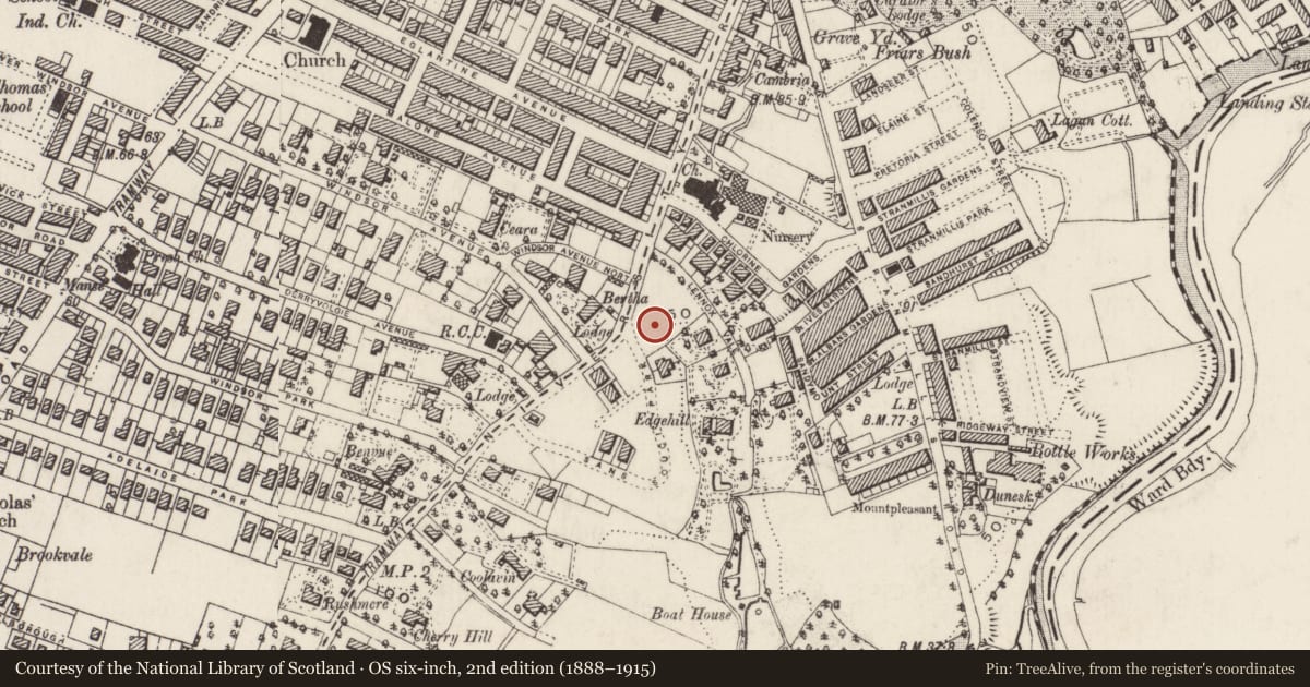 Ordnance Survey six-inch map, 2nd edition (1888–1915) covering the location of 2 Sans Souci Park, Malone Lower, Belfast, with a pin at the register's coordinates