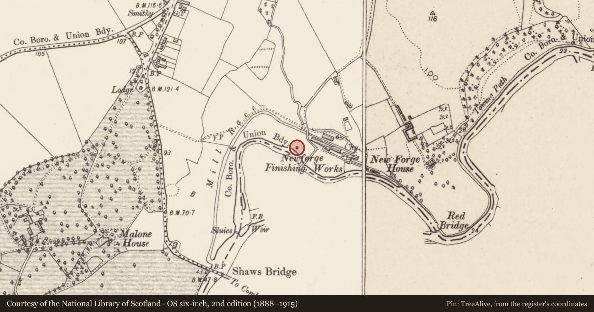 Ordnance Survey six-inch map, 2nd edition (1888–1915) covering the location of Boundary Marker, Malone Upper, Belfast, with a pin at the register's coordinates